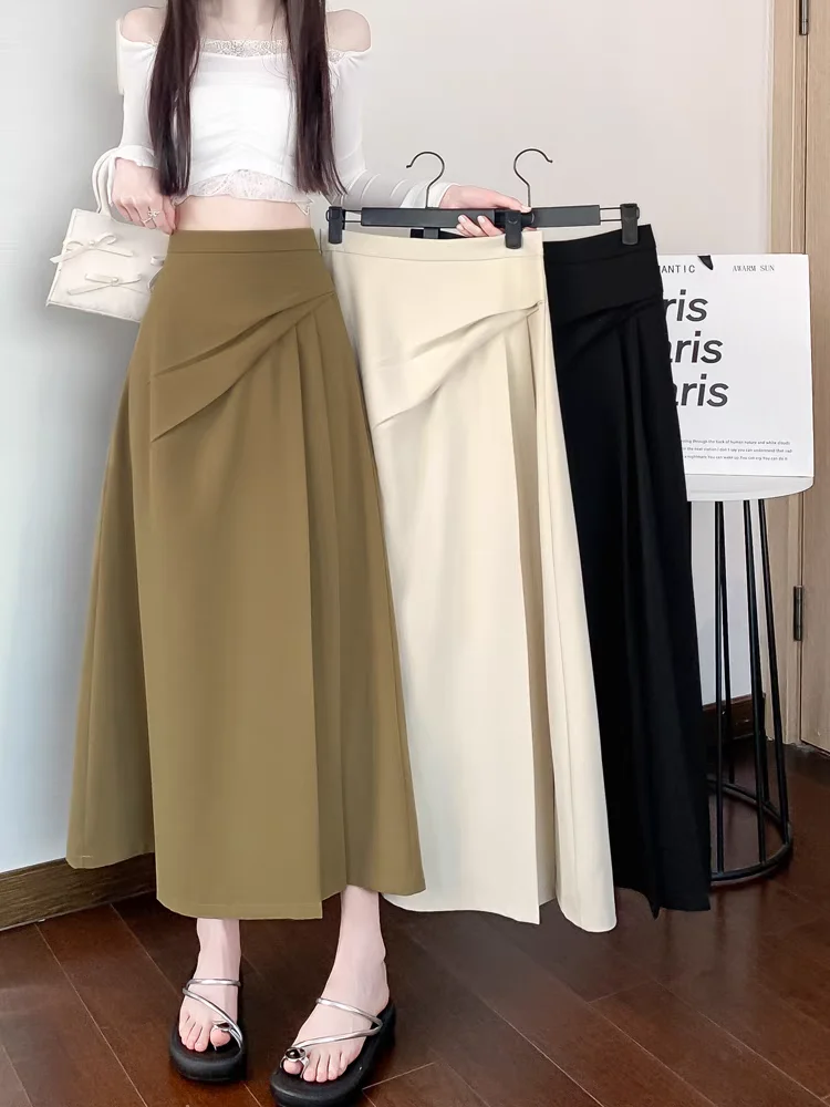 Women's Khaki Tailored Midi Skirt High Waist Slimming Cut Pleated A-Line with Asymmetric Circle Flare for Fall Spring