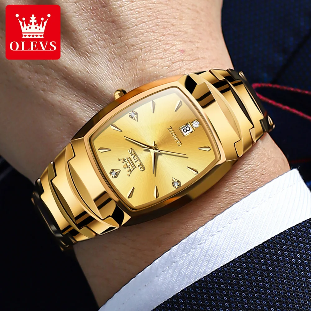 OLEVS 7006 Original Gold Men\'s Wristwatch Elegant Tungsten Steel Strap Square Quartz Watch for Men Auto Date Waterproof Watches