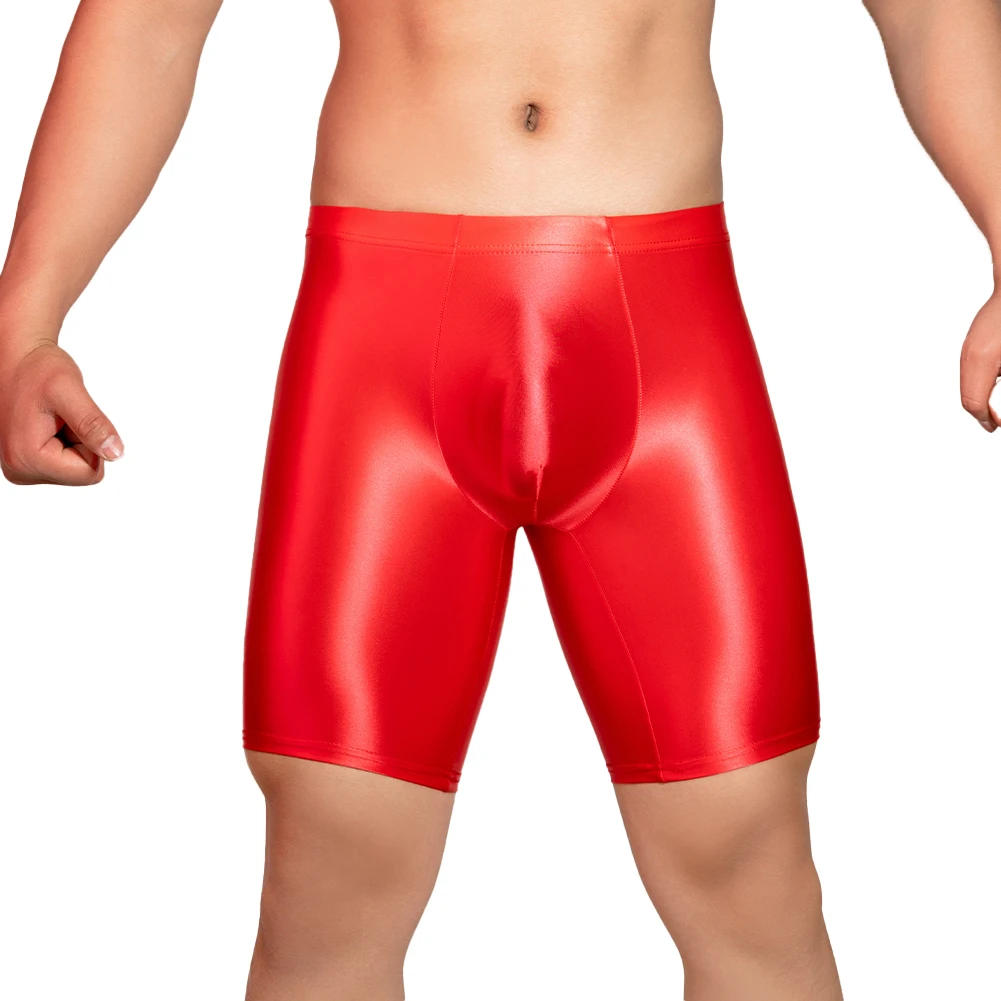 Boxer Briefs Glossy Leggings Men Sports Gym Shorts Red Sexy Style Solid Color Nylon Fabric Quick Dry Brand New