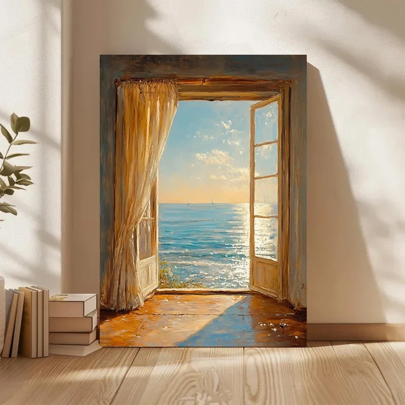 Multiple sizes 1pc frameless Canvas Painting,Window View Coastal Cliffs Seascape Landscape Beach Poster and Prints Canvas Painti