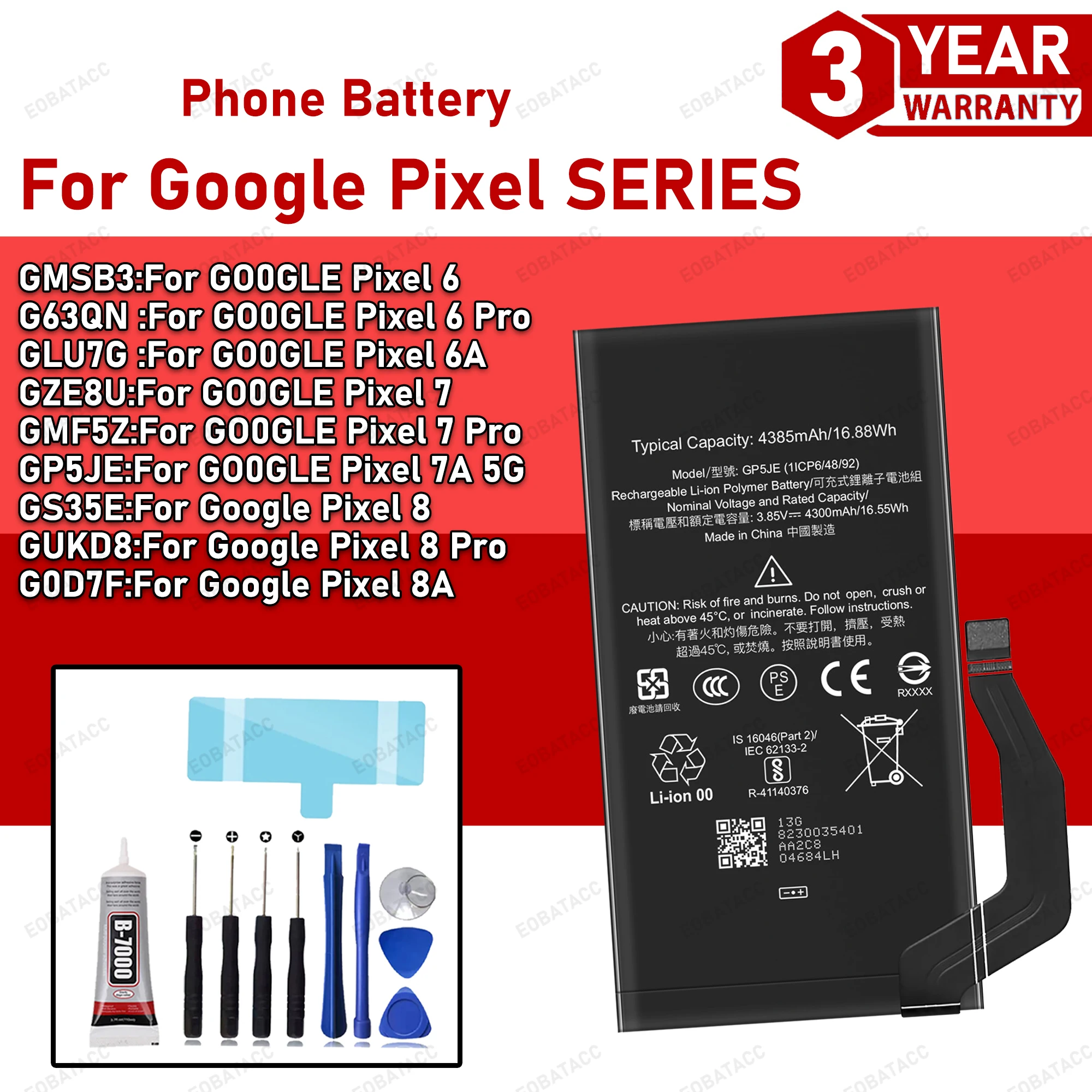 

100% New Zero Cycle BATTERY For GOOGLE Pixel 6 Pro/ Pixel 6/ Pixel 7 pro /Pixel 7A /Pixel 8 Pro/ Pixel 8A Batteria Battery+Tools