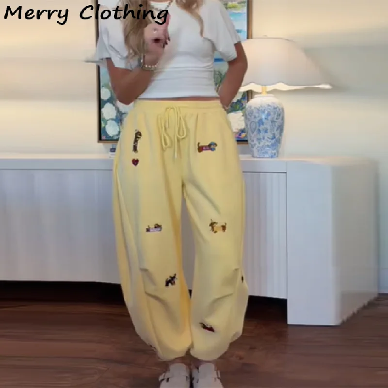 Street Style Worsthond Borduren Rechte Wijde Pijpen Joggingbroek Dames Trekkoord Taille Retro Geplooide Slanke Casual Enkelbroek