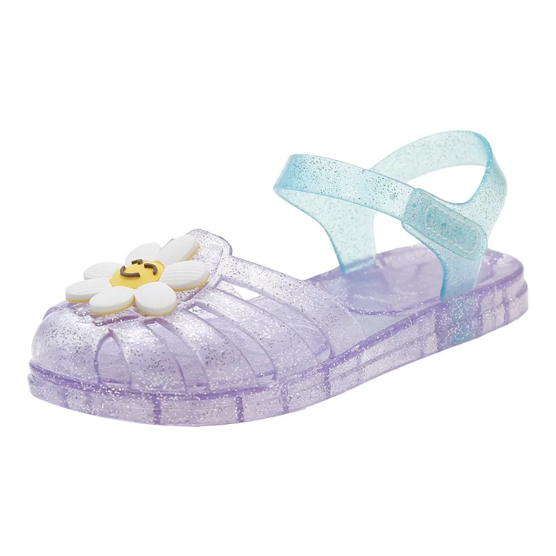 Girls Cute Cartoon Flower Pattern Children's Transparent Sandals Hollow Out Sequin Soft Flat Shoes Breathable Outdoor Shoes