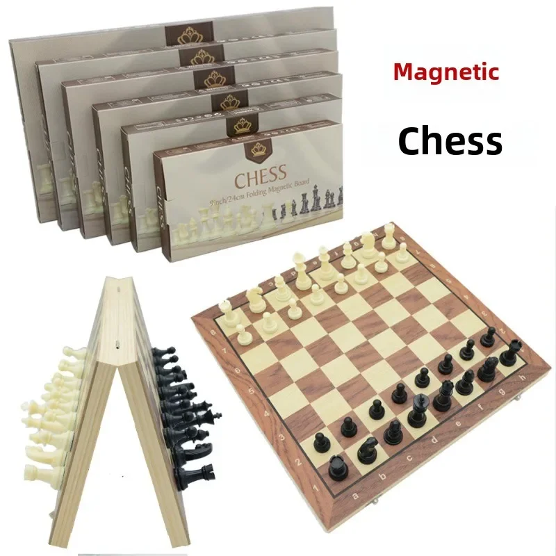 

Wooden chess with magnetic plastic pieces foldable puzzle board game