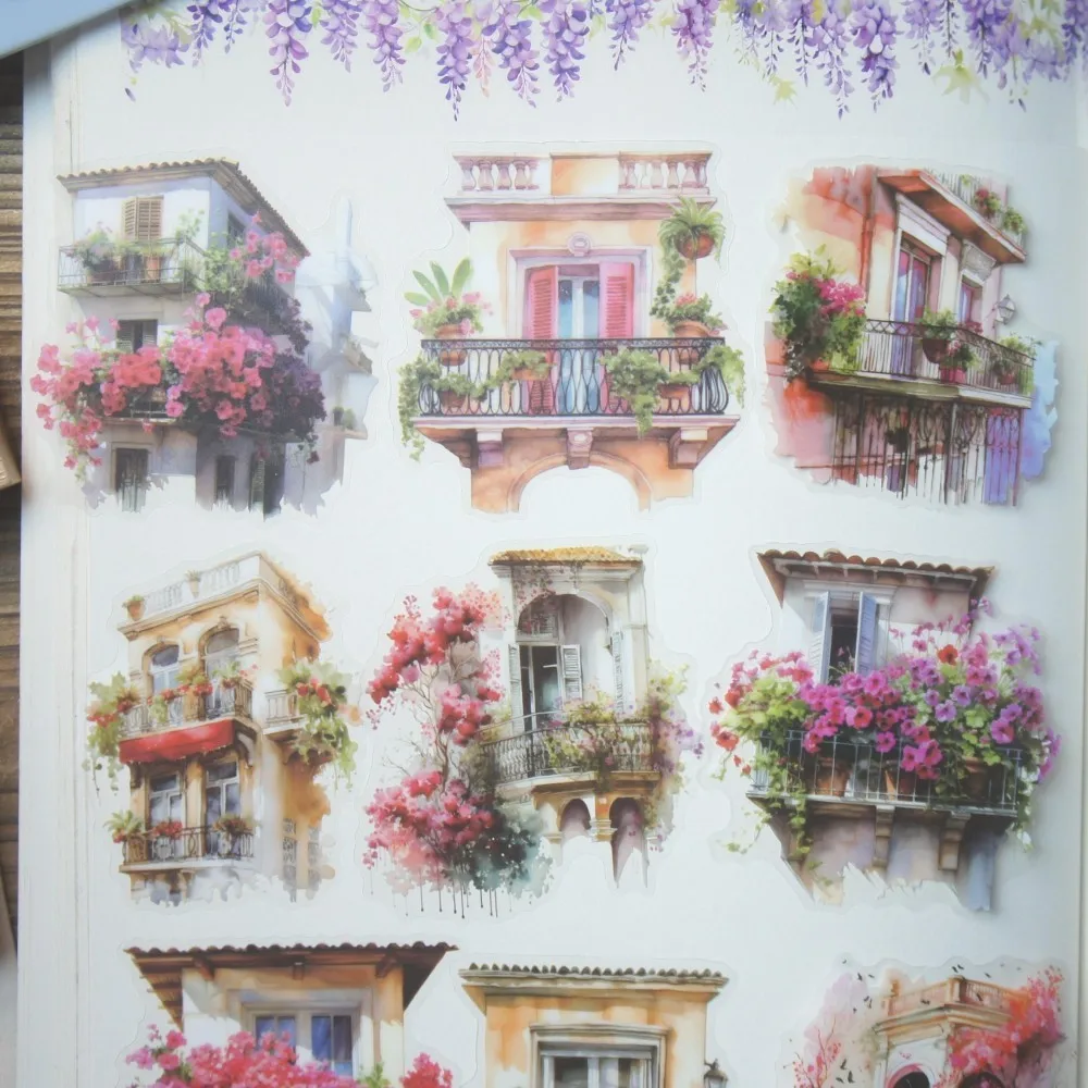 

10pcs Outdoor Balcony Filled with Flowers Style PVC Sticker Scrapbooking DIY Gift Decoration Tag