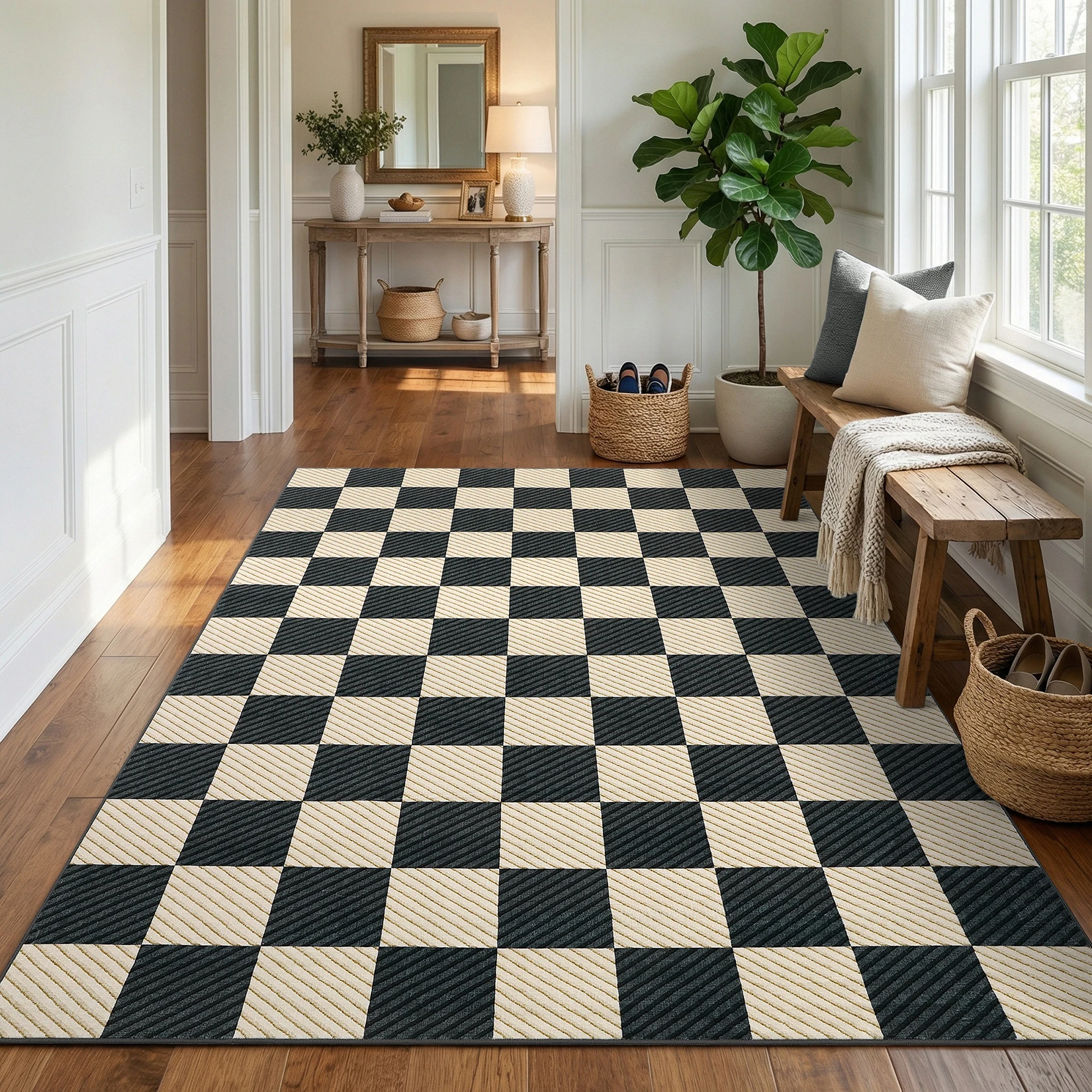 Soft Washable Checkered Area Rug – Modern Low Pile Non-Slip Plaid Carpet for Living Room, Bedroom, Dining Room, Nursery, Office, Playroom – Geometric Mark Resistant Design – Black Coffee, 8x10ft