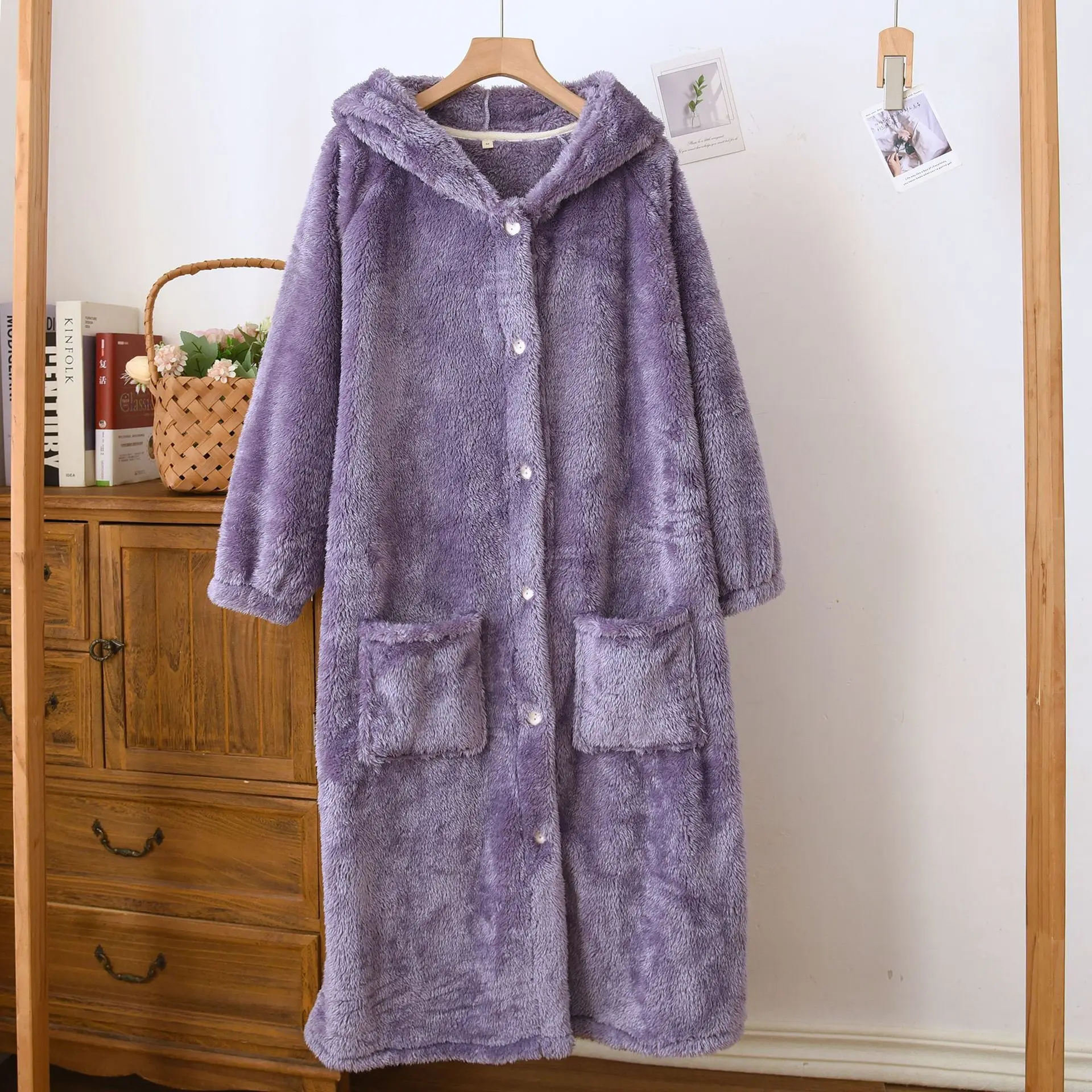 Flannel Long Robe Women's Warm Sleepwear For Winter Autumn Solid Color Hooded Bathrobe Female Soft Dressing Gown Home Wear