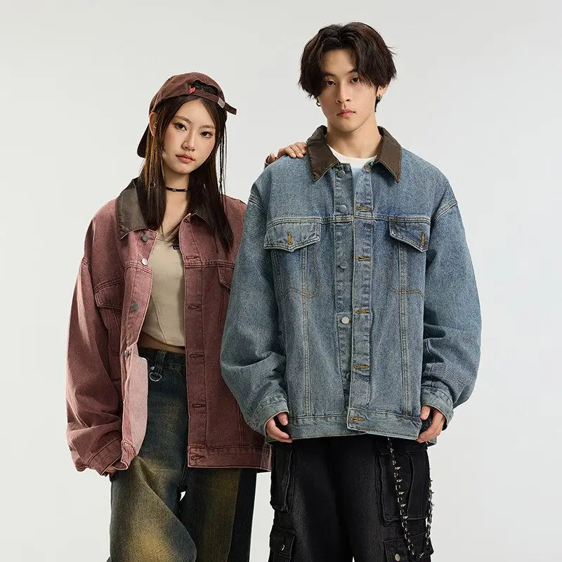 

Джинсовая куртка свободного кроя с кожаным воротником в стиле пэчворк, японский стиль, модная, универсальная, с отложным воротником, для молодежи, повседневная одежда