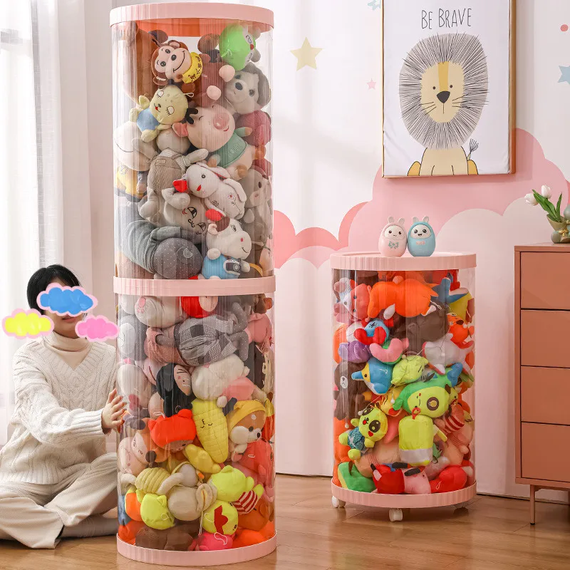 Plush Bucket Children\'s Toy Box Doll Storage Container Cylinder Rotation Transparent Moistureproof Storage Tube Organizer