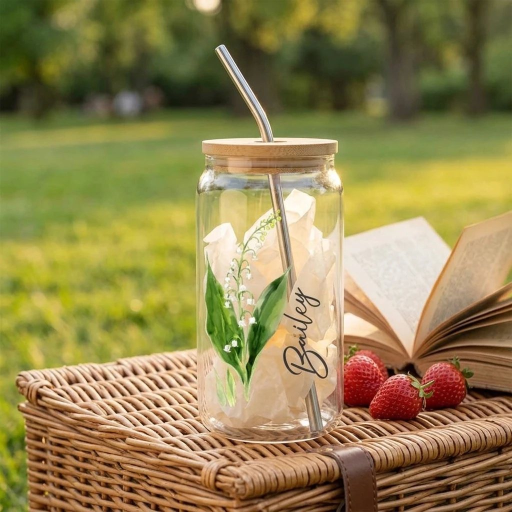 16oz Lily of the Valley Mason Jar Glass Cup Reusable Clear Drinking Glass with Bamboo Lid Straw for Iced Coffee Juice Daily.