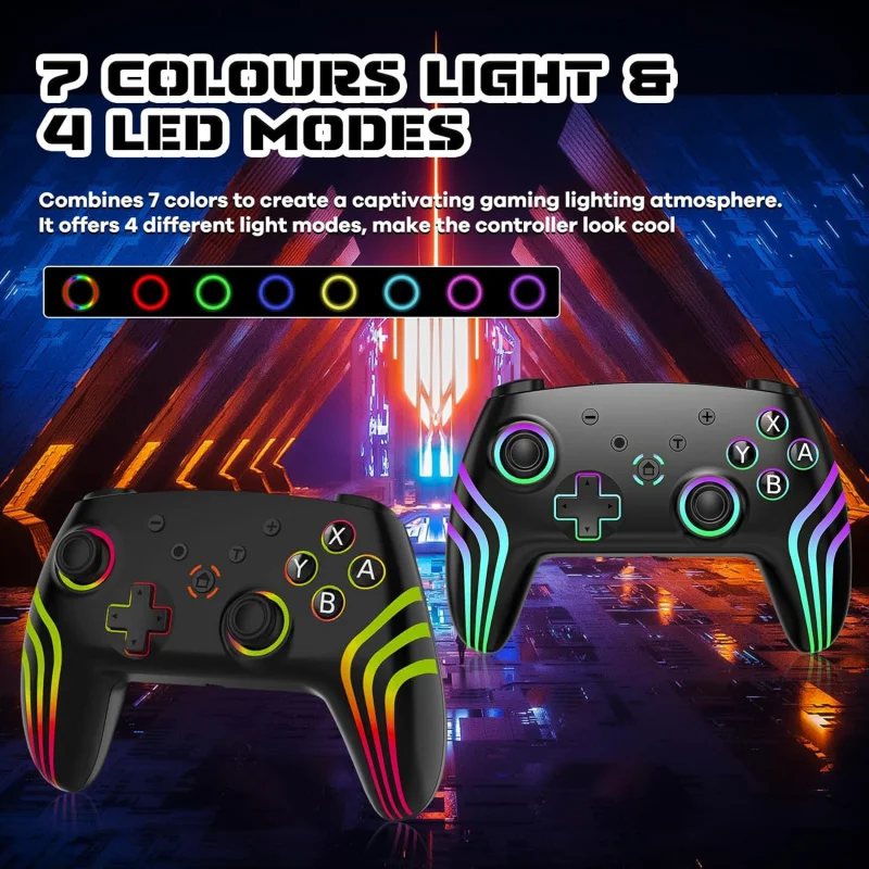 Wireless  Controller for Switch, Gamepad with 7 Color-Changing Gyroscope/Turbo, Ergonomically Designed Precise Joystick