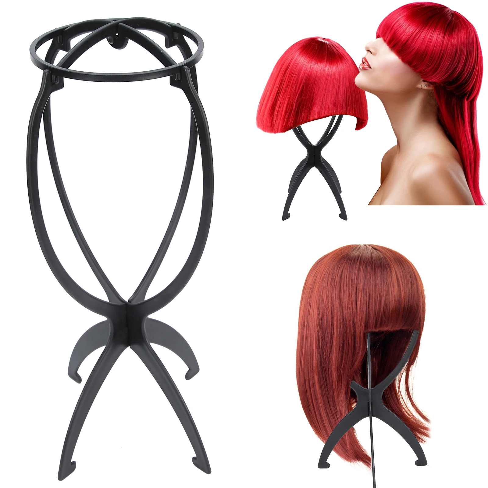 3pcs Wig Stand Folding Portable Wig Display Stand Holder Rack for Home Hair SalonBlack