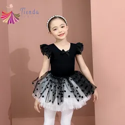 Girls Ruffle Sleeve Ballet Dance Dress Tutu Skirted Leotard Crisscross Bow Back Dot Tulle Fluffy Dancewear Korea Skate Princess