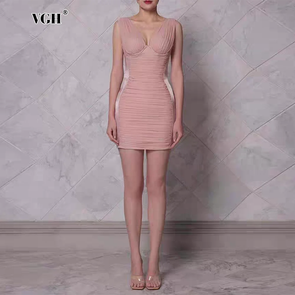 

VGH Elegant Slimming Spliced Folds Slimming Short Dresses For Women V Neck Sleeve High Waist Temperament Evening Dress Female