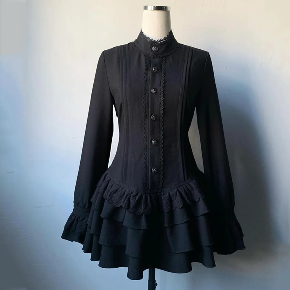 

Summer Y2k Rave Dark Academia 2000s Black Dress Goth Party Club Women Dress Harajuku Long Sleeve Gyaru Mini A Line Ruffle Dress