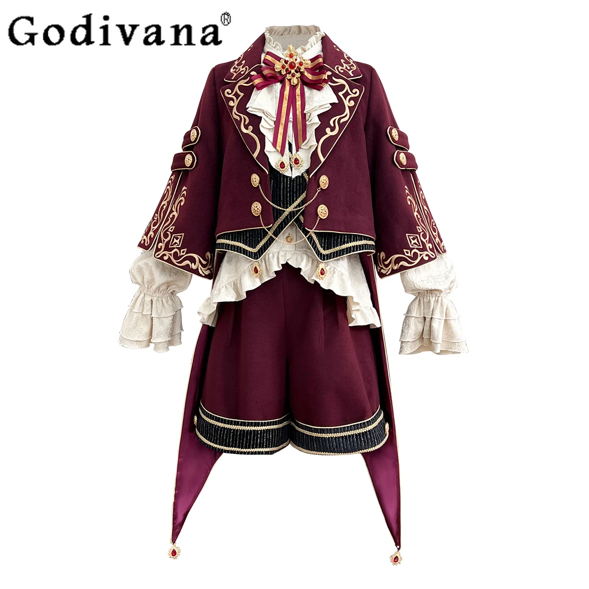 

Japanese Original Lolita Burgundy Cloak Military Lo Suit Retro Court Style Cos Comic Show Long-sleeved Shorts Full Set