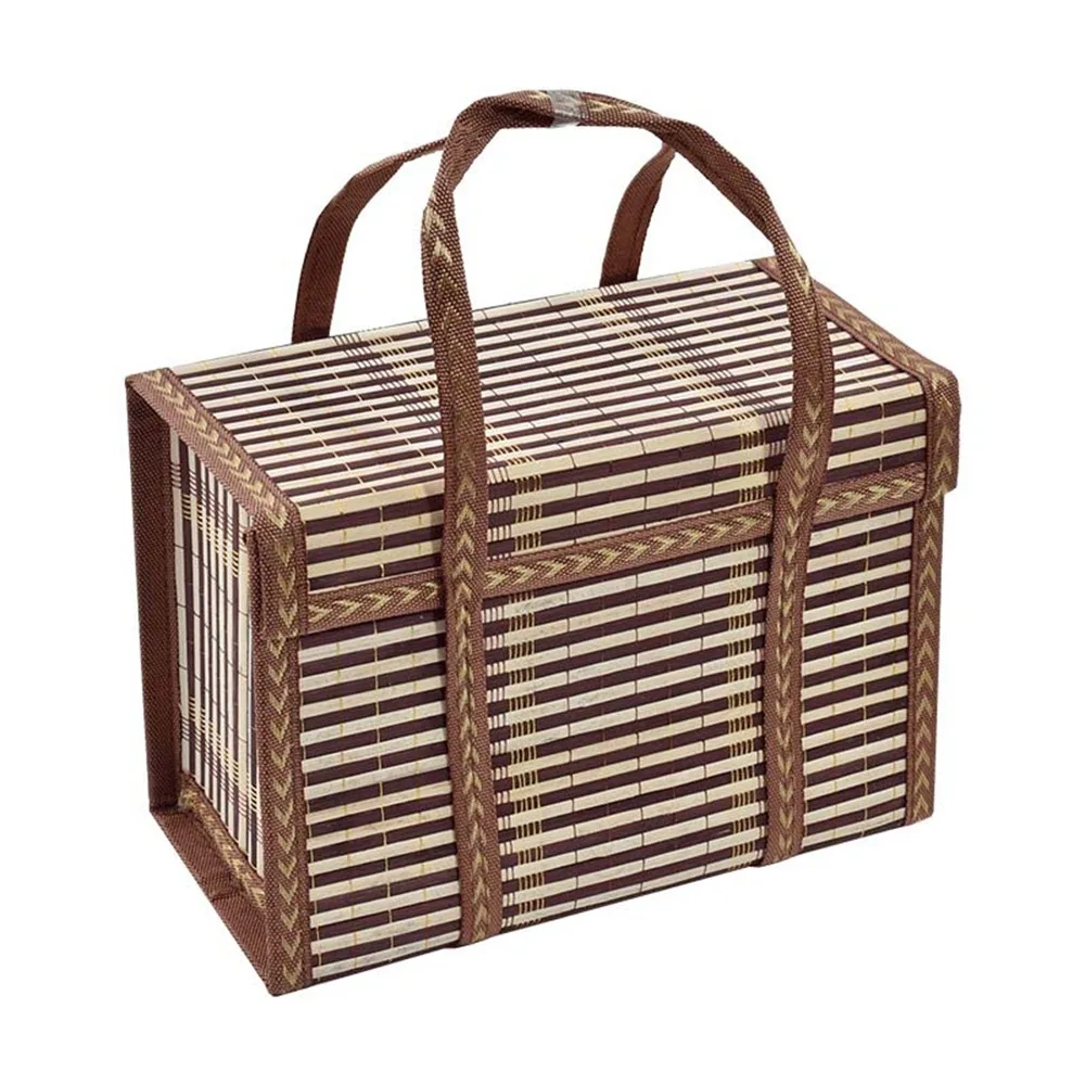 

Pastoral Style Handheld Bamboo Basket Foldable Rectangle Picnic Hamper with Lid Hand-Woven Basket Outdoor Picnic Basket