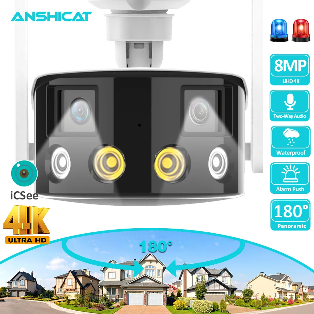 4K 8MP Color Night Vision 180°  Dual Lens Wide Angel Outdoor IP Camera Wifi Surveillance Cameras 4MP CCTV Security Protection