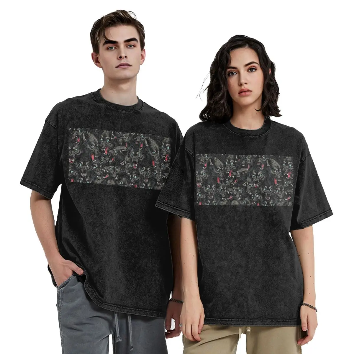 

Wolf Pack Pattern Hip Hop Short Sleeve T-Shirts Washed Tops Tees Streetwear T Shirt Cotton for Men Women