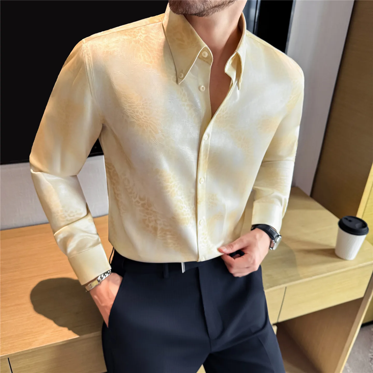 2025 Autumn Men Smart Casual Gradient Print Shirts Fashion Men High Quality Suede Sheen Shirts Male Formal Party Wedding Blouse