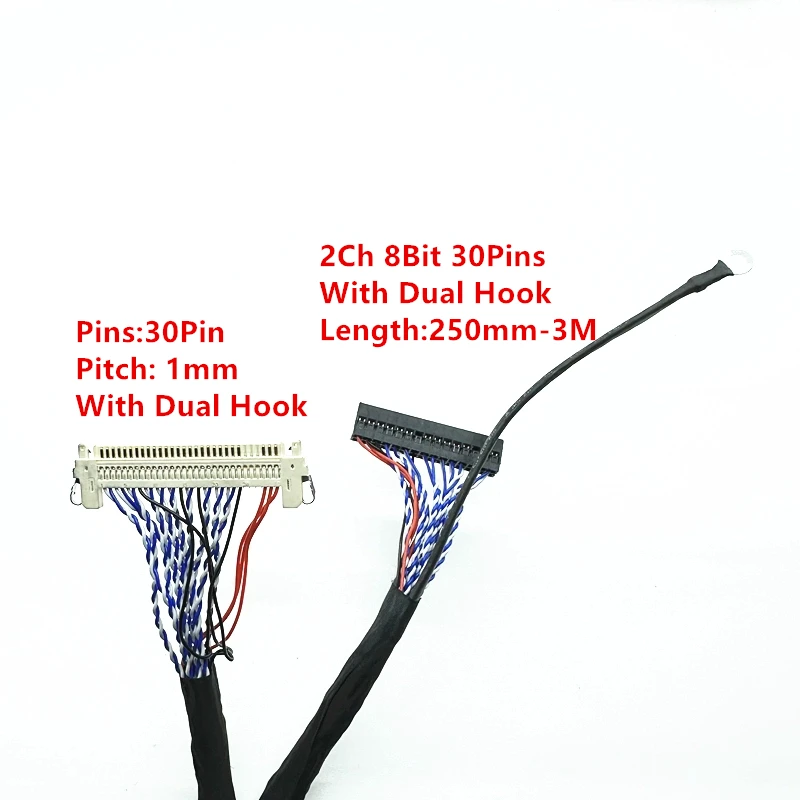 

25CM-3M With Hooks LVDS Cable FIX-30P-D8 FIX 30Pins D8 Double 2ch 8bit 1.0mm Pitch For 17-21inch LCD Display Panel Controller