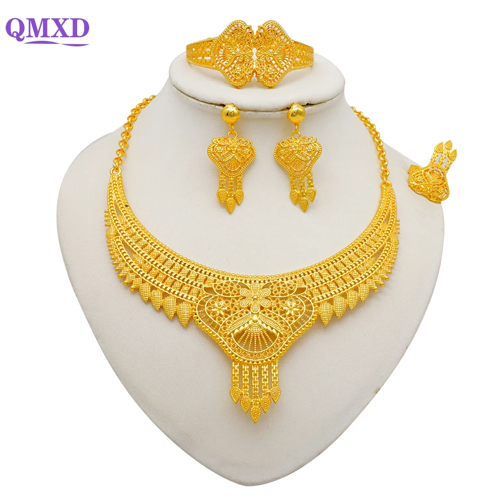 Dubai Arab Gold Color Jewelry Sets Women African Party Wedding gifts Ethiopia Necklace and Earrings Ring Sets Pendant