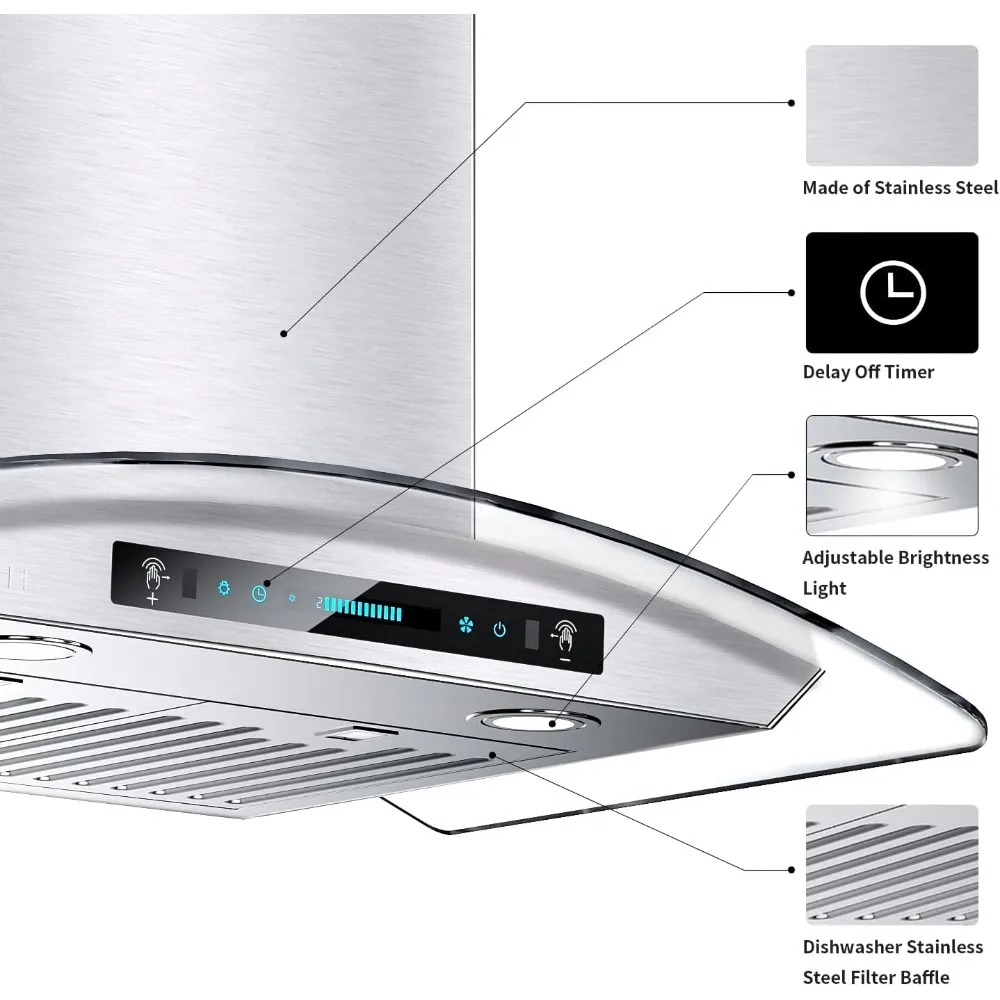 30 inci Wall Mount Range Hood kaca Tempered 900 CFM, dapur cerobong asap baja anti karat dengan gerakan penginderaan