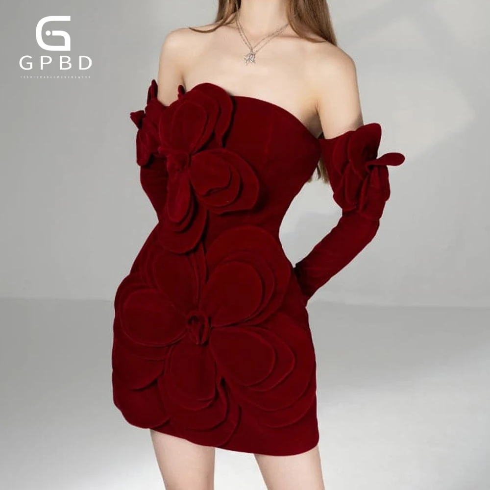 Solid Patchwork Appliques Sexy Mini Dresses For Women Strapless Long Sleeve Slimming Evening Party Dresses Female