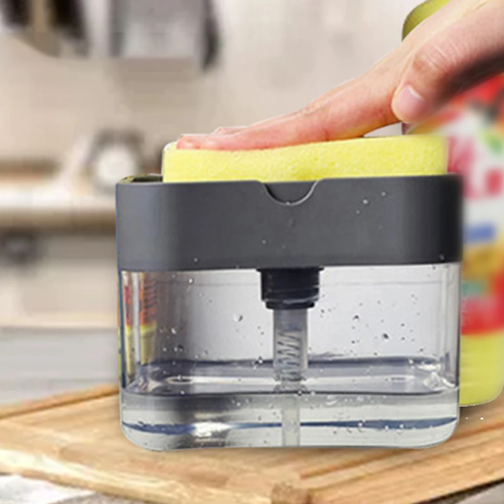 1 For Household Kitchen 2 In 1 Pressing Soap Liquid Box, Easy To Replenish, Durable, For Sponge, Dish Cloth, Pot Brush, Black