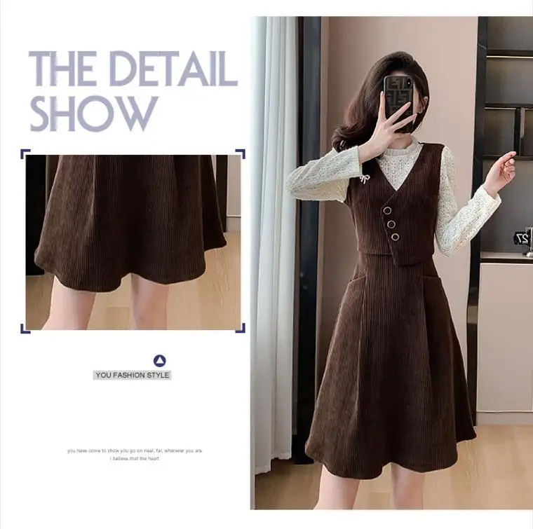 Two Slim Fitting Fake Dresses Cinched Waist to Show Off Slender Figurea Youthful Temperament Beautiful Corduroy Skirt