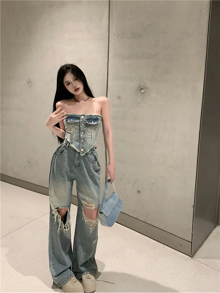 2023 Summer New Streetwear Distressed Hole Sexy Slim Irregular Denim Camisole Tops + Jeans Women Two-piece Sets