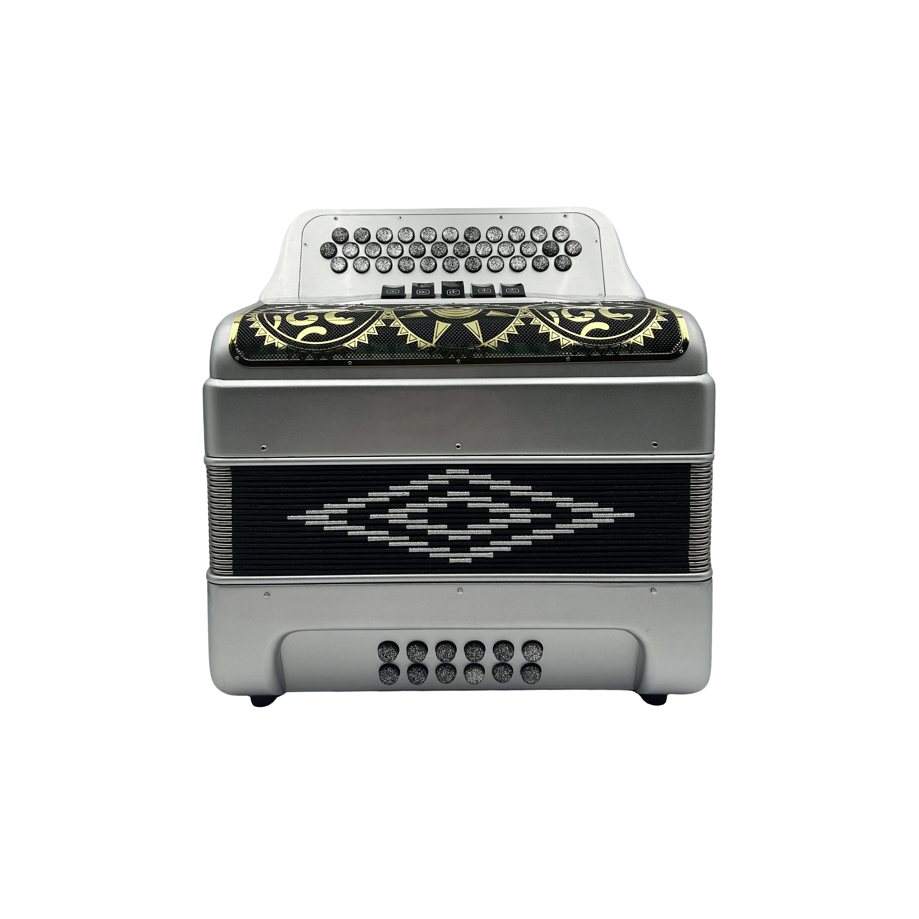 

JB3412D Diatonic Accordion Instrument 34 Buttons 12 Bass 5 Registers Silver Body Black & Gold Grill Silver Buttons Acordeon