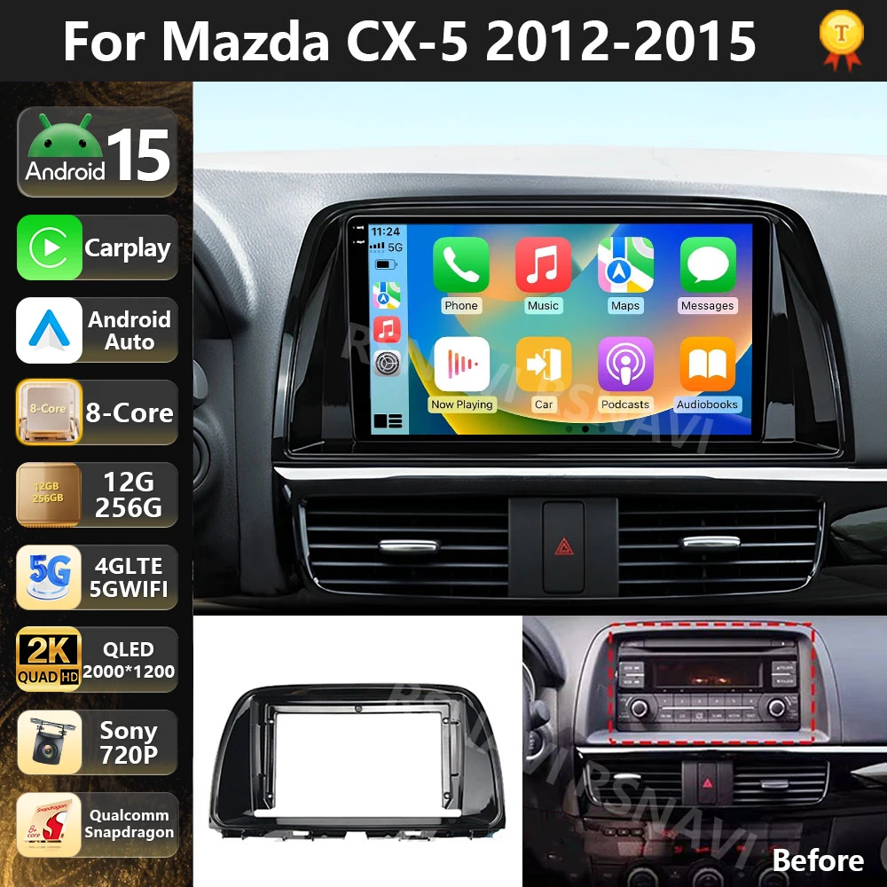 Radio para Auto Qualcomm Android 16 para Mazda CX5 CX-5 2012-2015, Reproductor Multimedia Estéreo con Bluetooth Inalámbrico, Carplay, Android Auto, WiFi, 4G y DSP