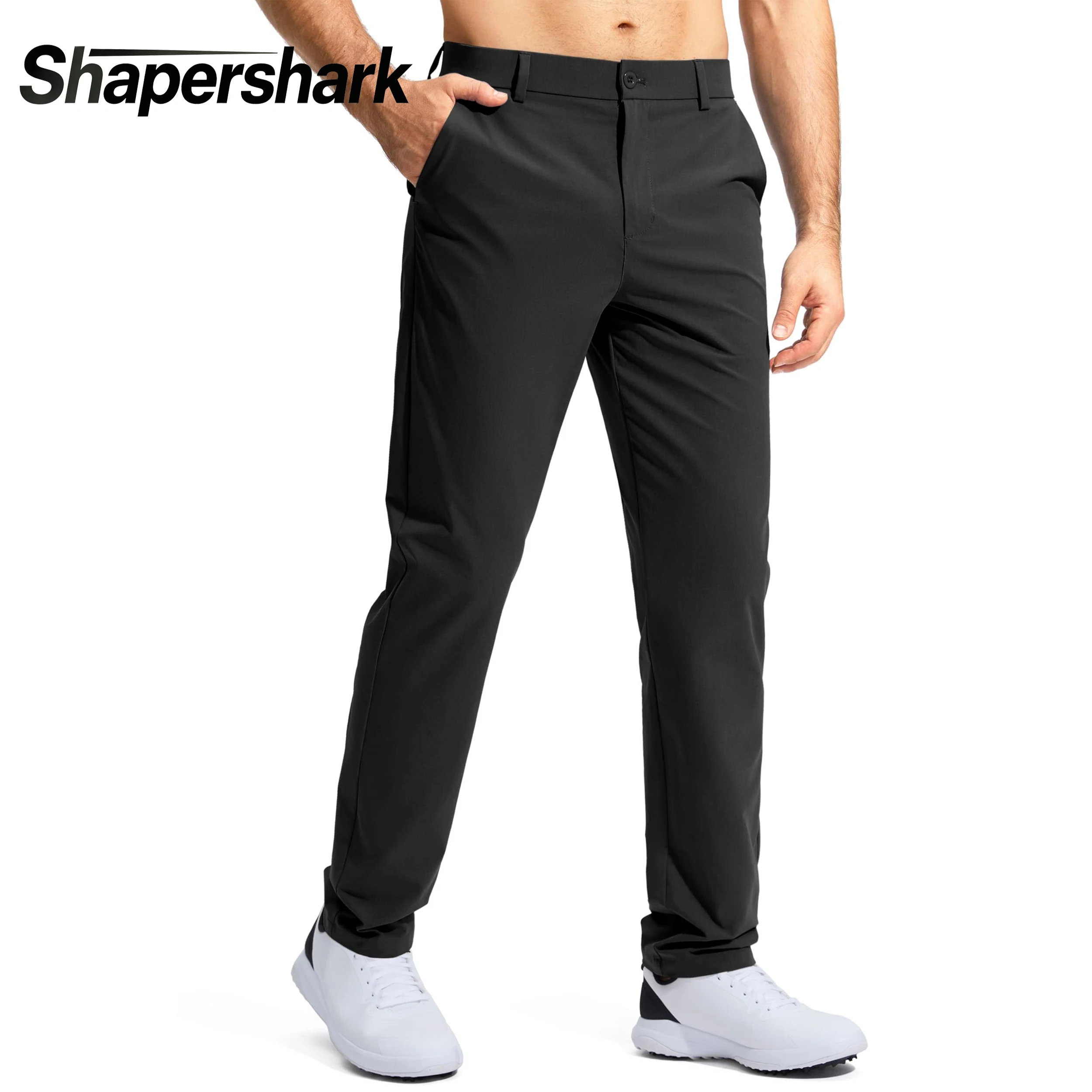 Pantalon de golf décontracté pour homme Shapershark, respirant, couleur unie, coupe décontractée, poche zippée rapide, noir, idéal pour l'été et les affaires