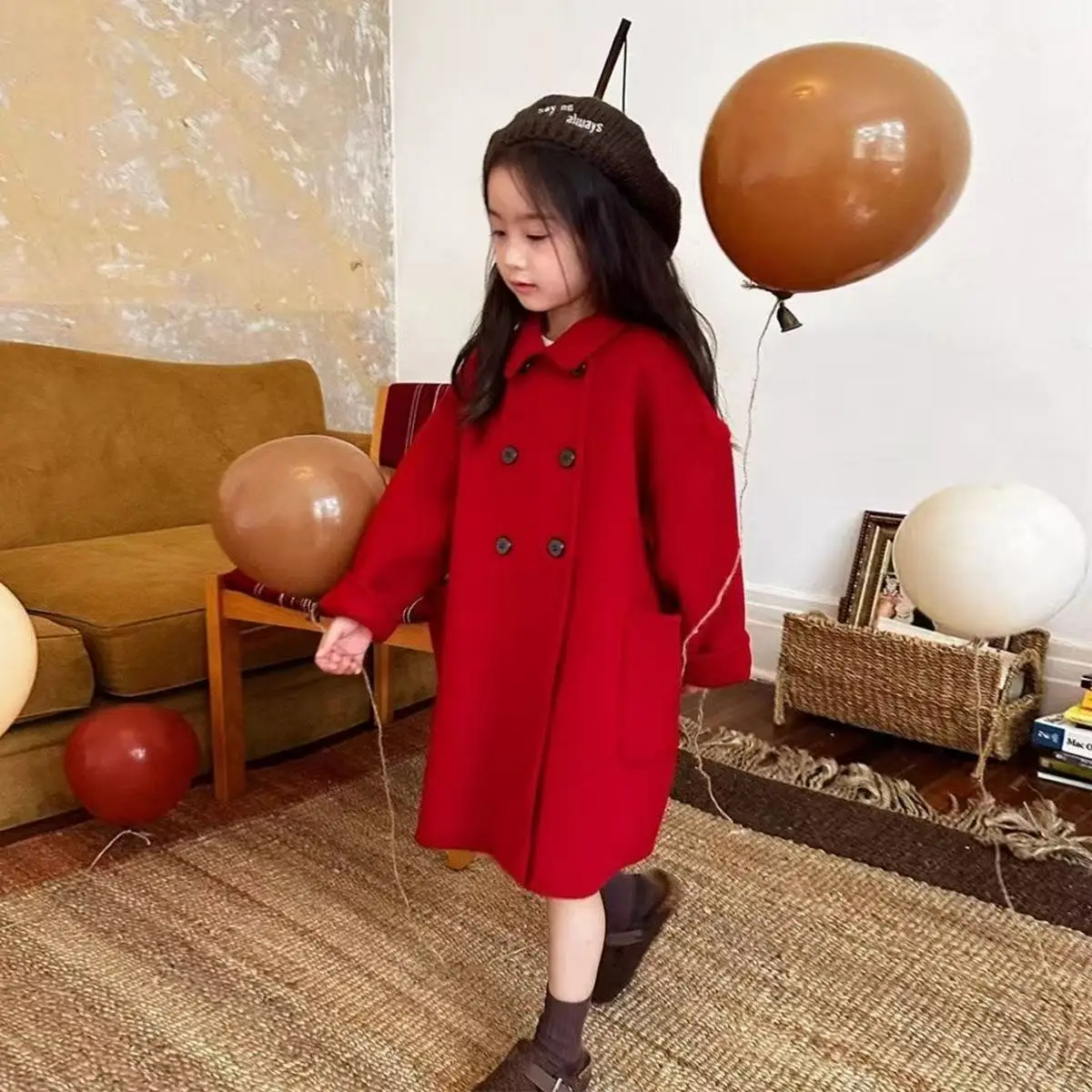 Autumn and Winter High end Girls' Double sided Cashmere Coat Children's Autumn Red Wool Korean Edition Woolen Coa 100-150CM