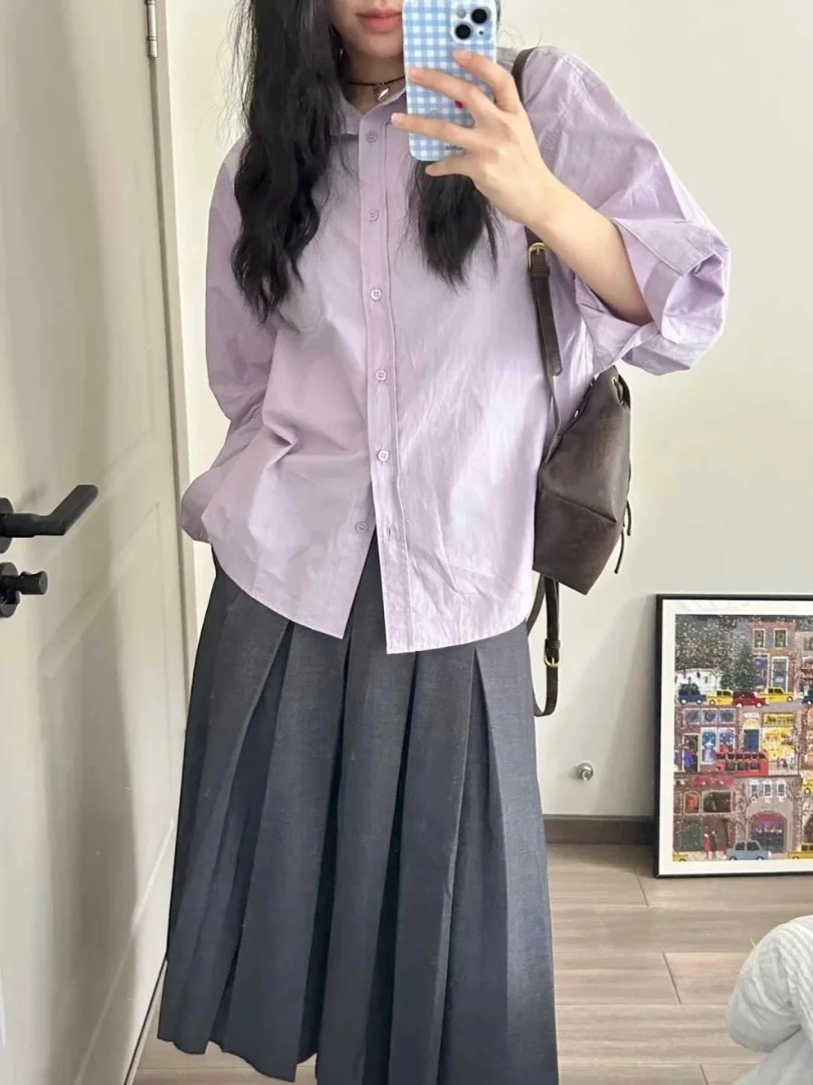 

Korean Sle Long Sve White Enhancing Purple Women's irt Casual Versatile Light Maturi Outerwear Commute Wind irt