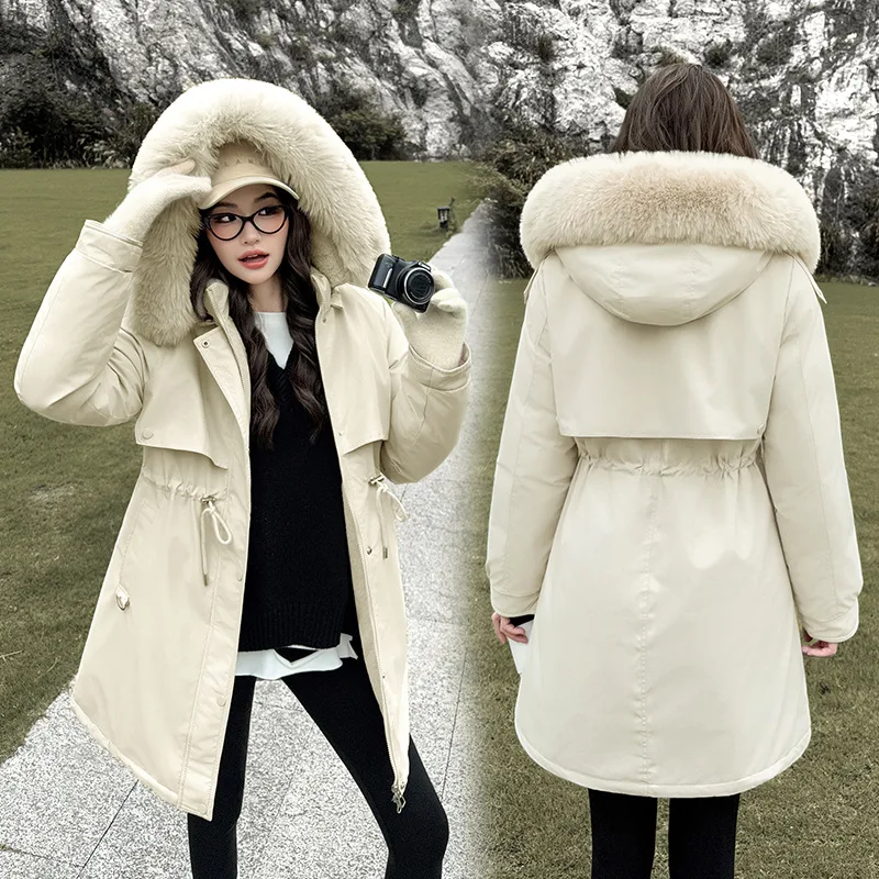 Parka da donna aderente in vita Autunno Inverno Moda Collo in pelliccia Giacca ispessita foderata in pile Tasche larghe con cerniera Capispalla in cotone