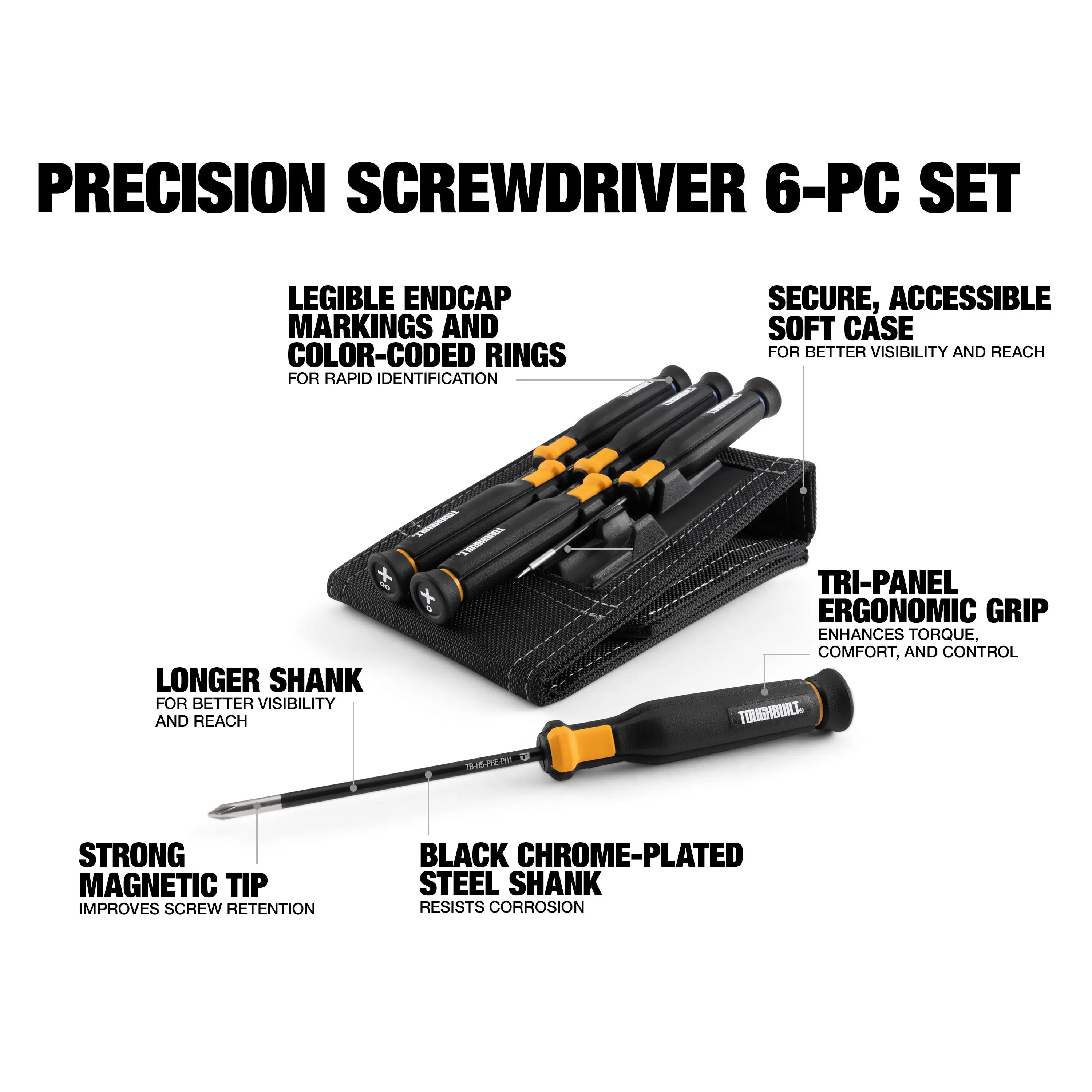 TOUGHBUILT TB-H5S6-PRE 6 Pc. Precision Screwdriver Set Screwdrivers with Magnetism Screw Driver Set Hand Tools