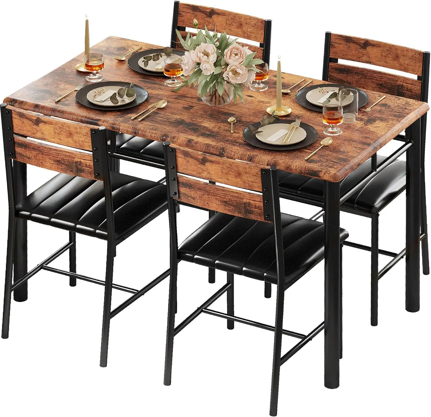 Dining Table Set for 4, Rustic Brown | Wood Kitchen Table with Upholstered Chairs for Kitchen Room and Small Spaces