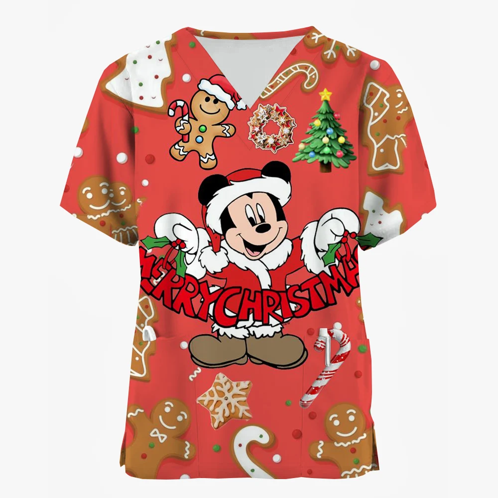 Disney Mickey Mouse Print Nurse Uniform Women Scrubs Tops Working Blouse Summer Christmas Nurse Blouse Nursing Uniformes