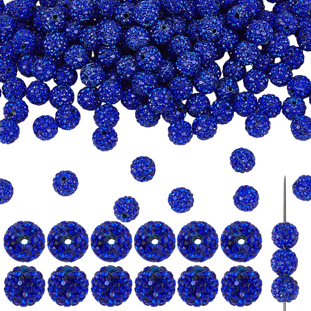 200PCS 10MM Blue Rhinestone Beads with Hole Polymer Clay Round Sparkly Grade A Pave Disco Ball Shiny Charms Loose Spacer Bead
