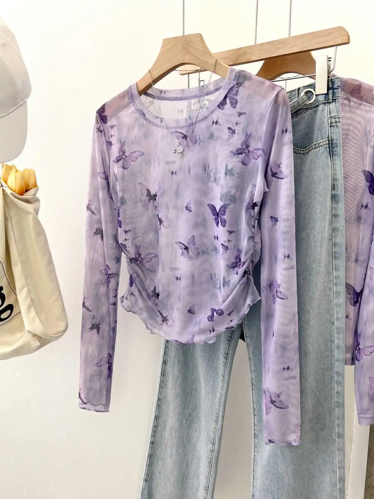 

Summer New Style Women's Long Sleeve Tie Dye Mesh Waist in T-Shirt Thin Layer Small Top Korean Style Commute Wind Big Size