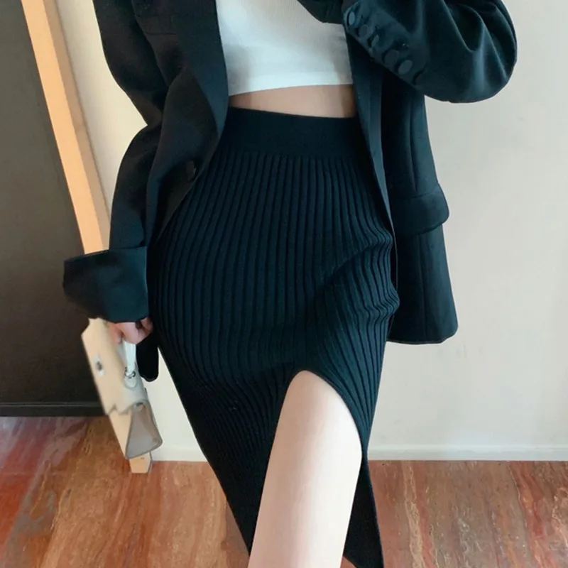 Women\'s Dress High Waist Split Temperament Elastic Force Thin Sexy Skirt Slim Knit Sexy High-Waisted Temperament Female Skirt