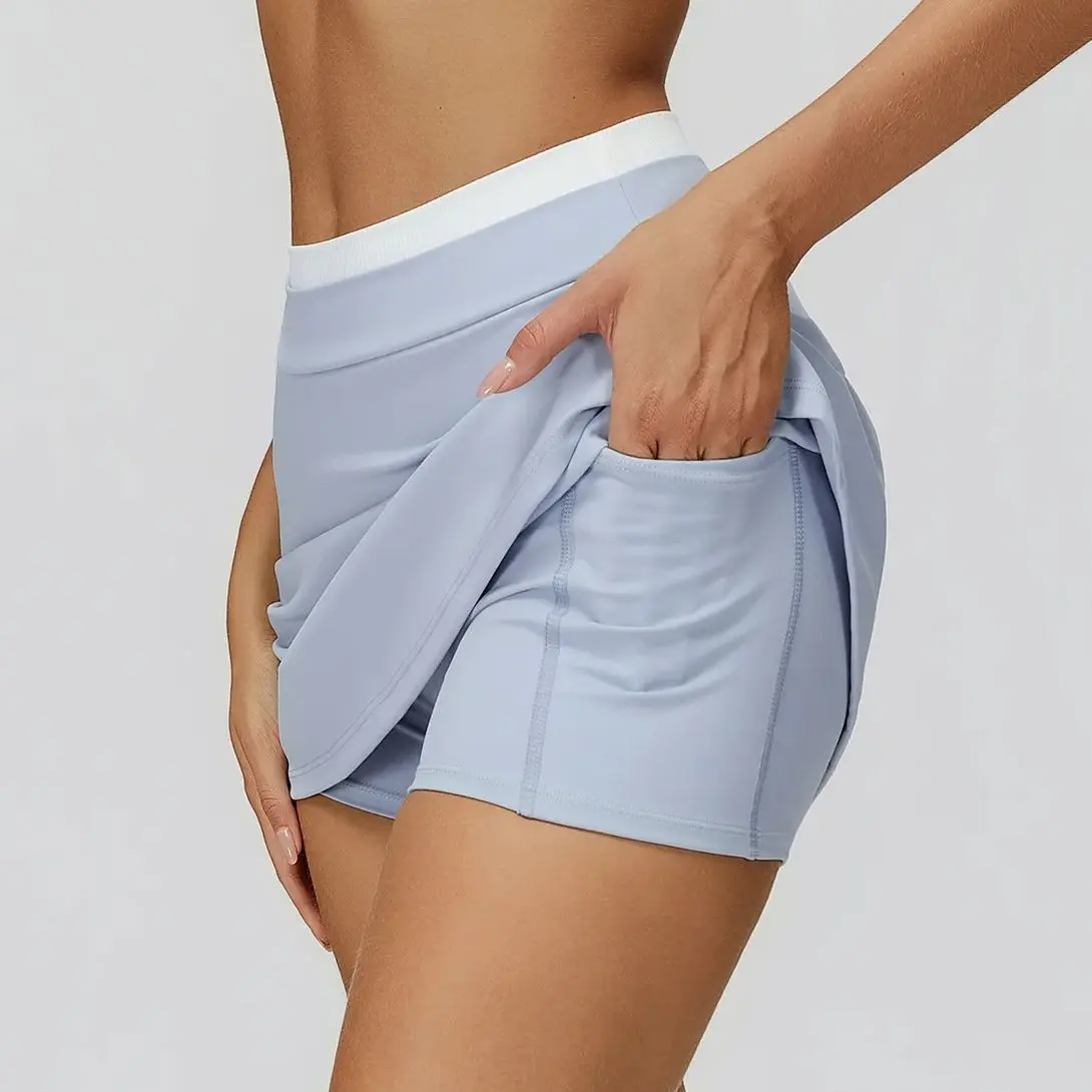 Color Blocking Ribbed Yoga Short Skirt High Waist Sports Half Body Skirt Anti Slip Tennis Skirt Women Workout Quick Drying Skirt