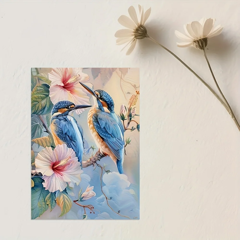Frameless Canvas Artwork Featuring a Kingfisher And Hibiscus Flower, Ideal for Decorating Living Rooms, Bedrooms, Offices, Cafes
