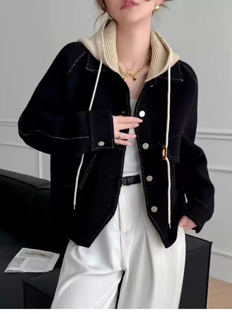 Red Spring Autumn New Thick Wool Jacket Women's Loose Skinny Versatile Casual Removable Hooded Sweater Premium Short Cardigan
