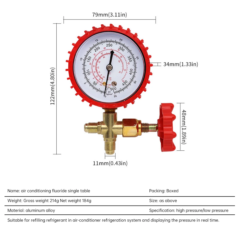 220PSI 500PSI Air Conditioning Refrigerant Recharge Pressure Gauge Manometer Thread 1/4 inch