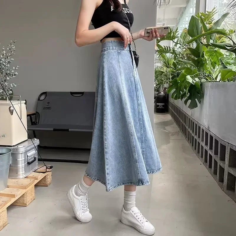 

Юбка-миди трапециевидной формы с высокой талией, женская джинсовая юбка, летняя утягивающая юбка длиной до колена, юбка с хвостом, хлопковый материал