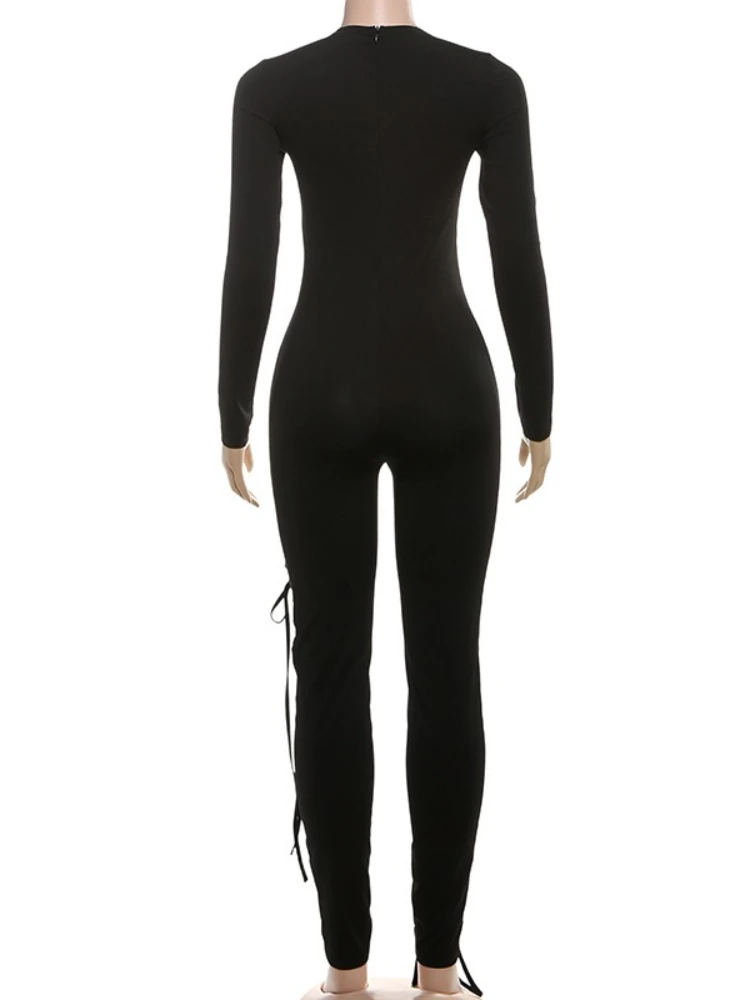 Fdyoui 2025 outono sexy bandagem macacões moda feminina o pescoço manga longa uma peça sólida bodysuits festa noite clube macacão