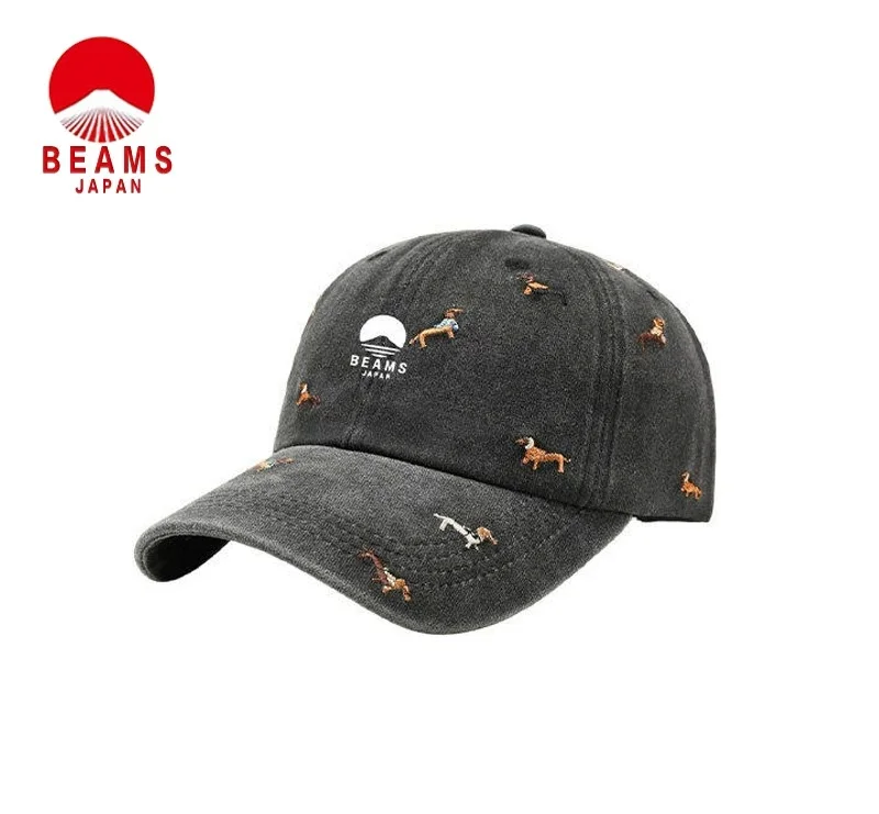 BEAMS Japanese Vintage Washed Distressed Soft Top Baseball Cap Dog Print Fashion Casual Daily Outdoor Peaked Sun Hats